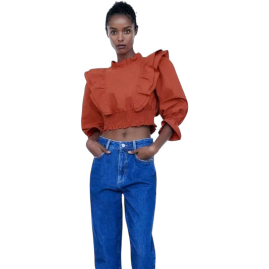 ZARA rozsdabarna fodros magas nyakú crop blúz
