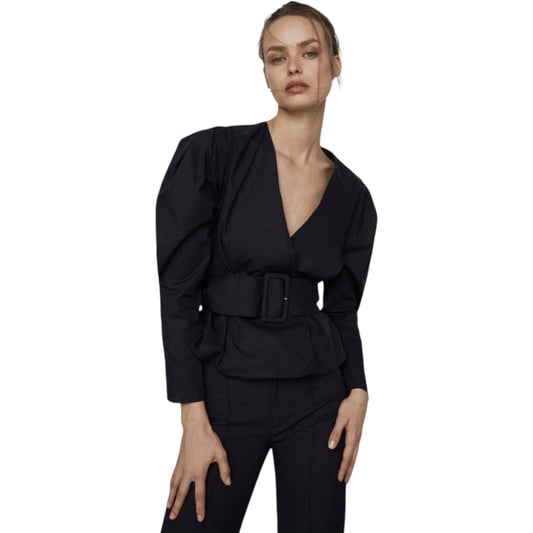 ZARA fekete V-nyakú puffos ujjú blúz