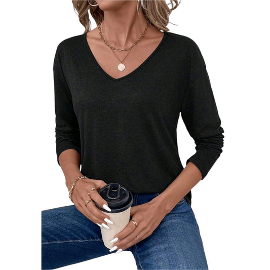 SHE fekete V-nyakú póló