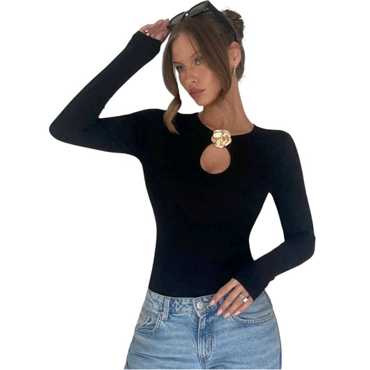 SHE fekete kivágott hosszú ujjú felső