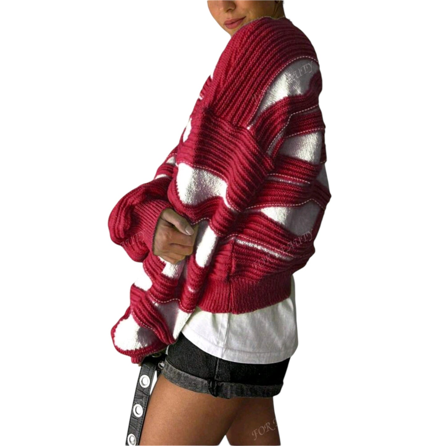 SHE piros csíkos kötött pulóver