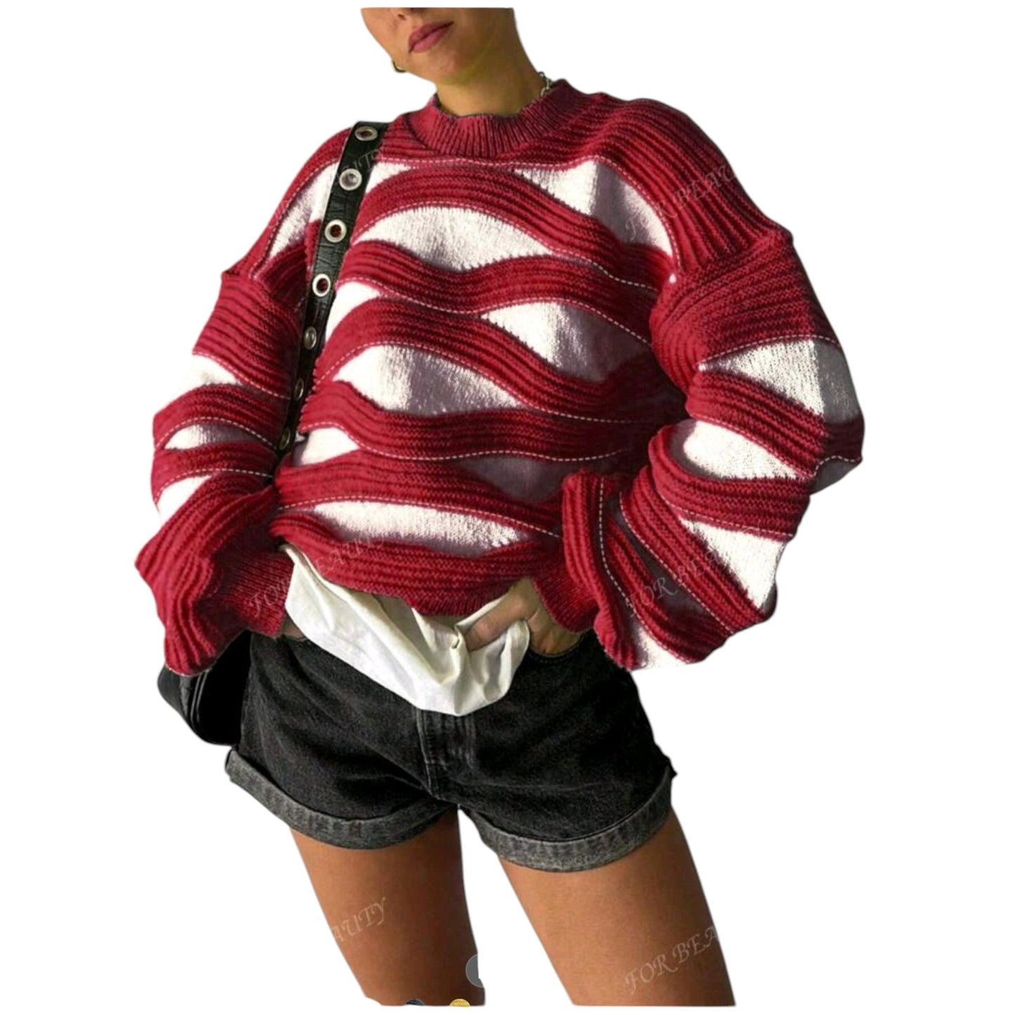 SHE piros csíkos kötött pulóver