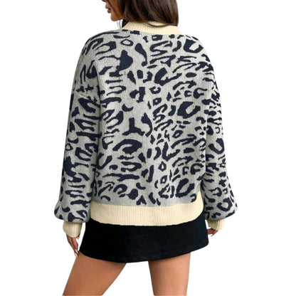 SHE bézs leopárd mintás kötött pulóver