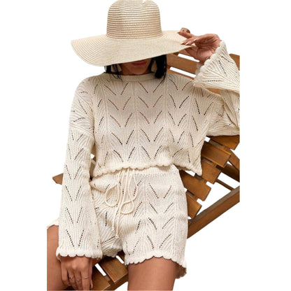 SHE ekrü áttört mintás kötött felső