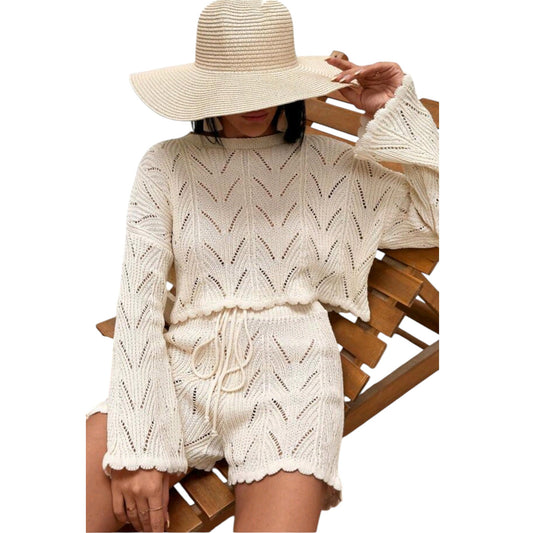 SHE ekrü áttört mintás kötött felső