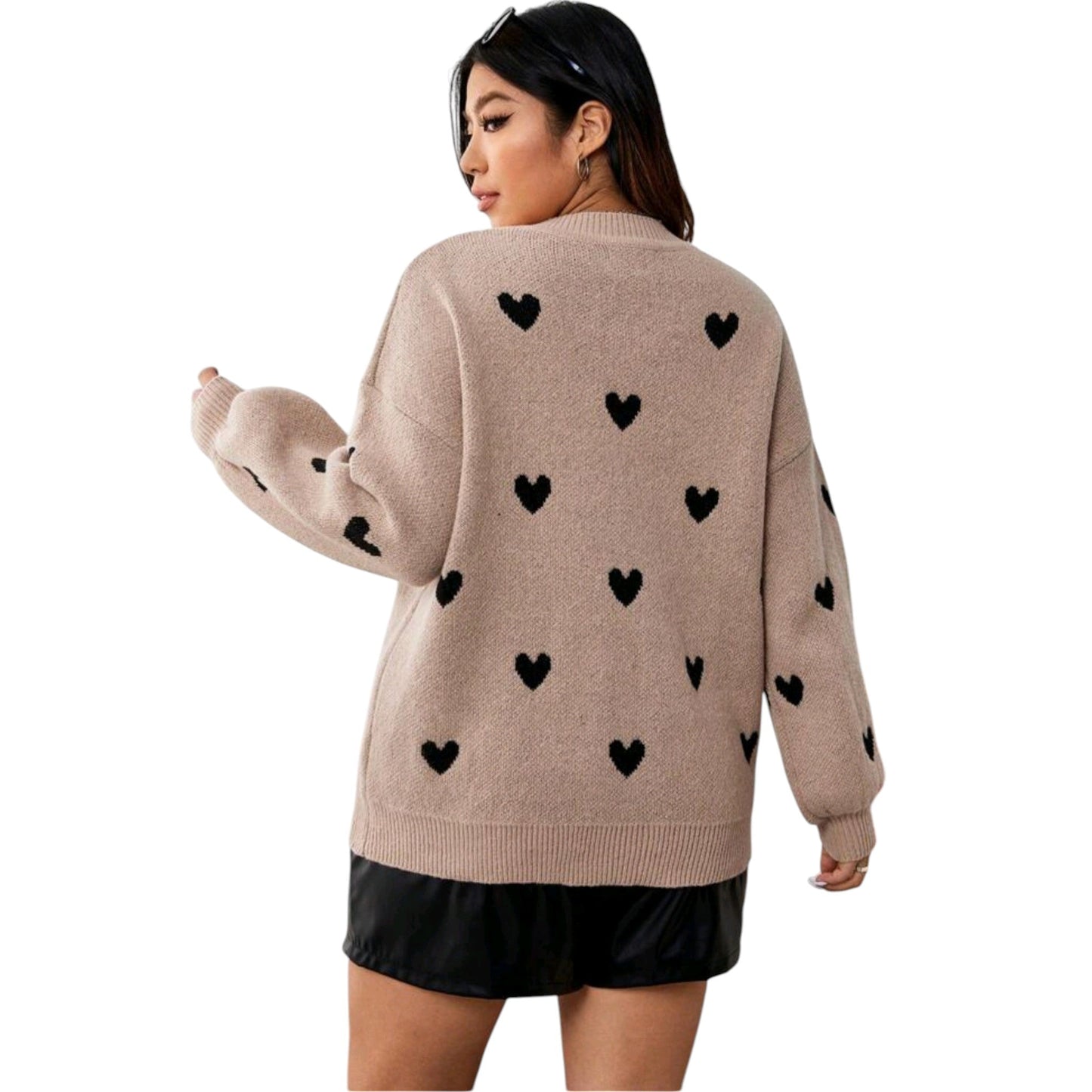 SHE bézs szív mintás kötött pulóver