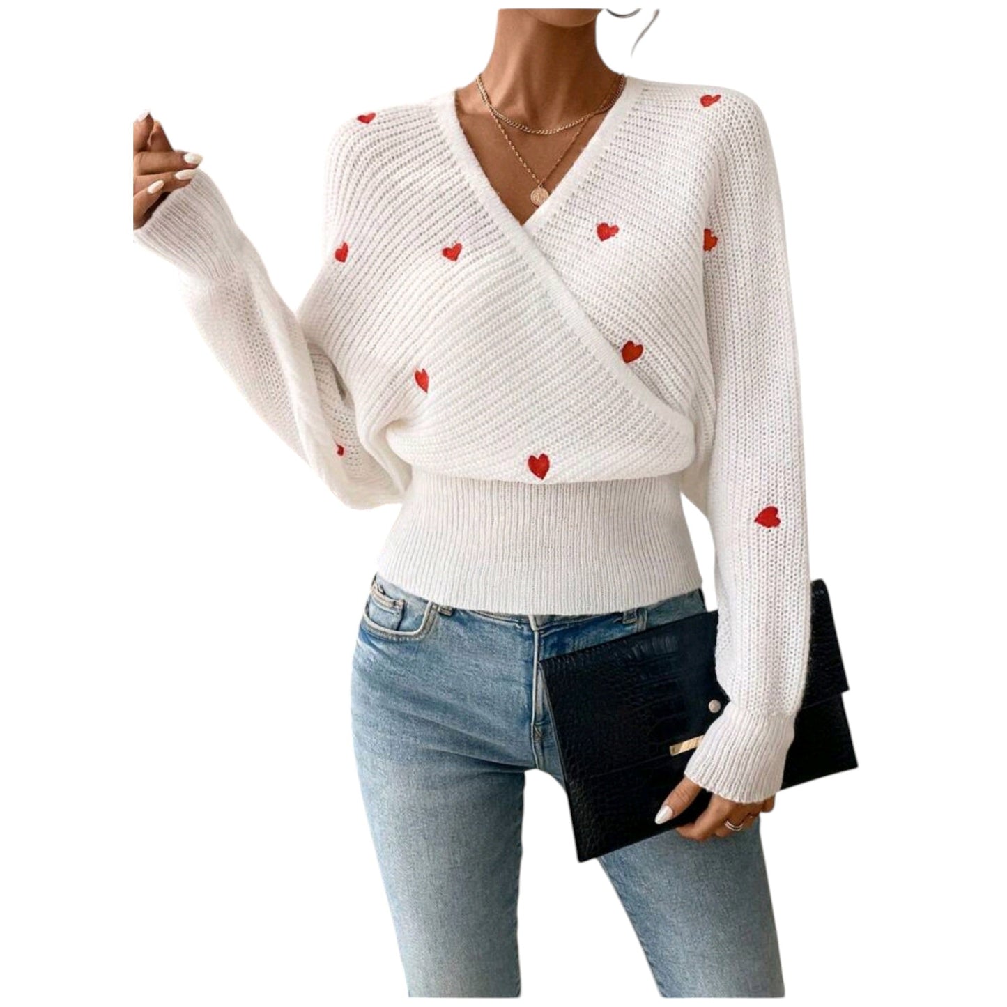 SHE fehér szív hímzett kötött pulóver
