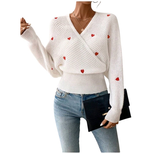 SHE fehér szív hímzett kötött pulóver
