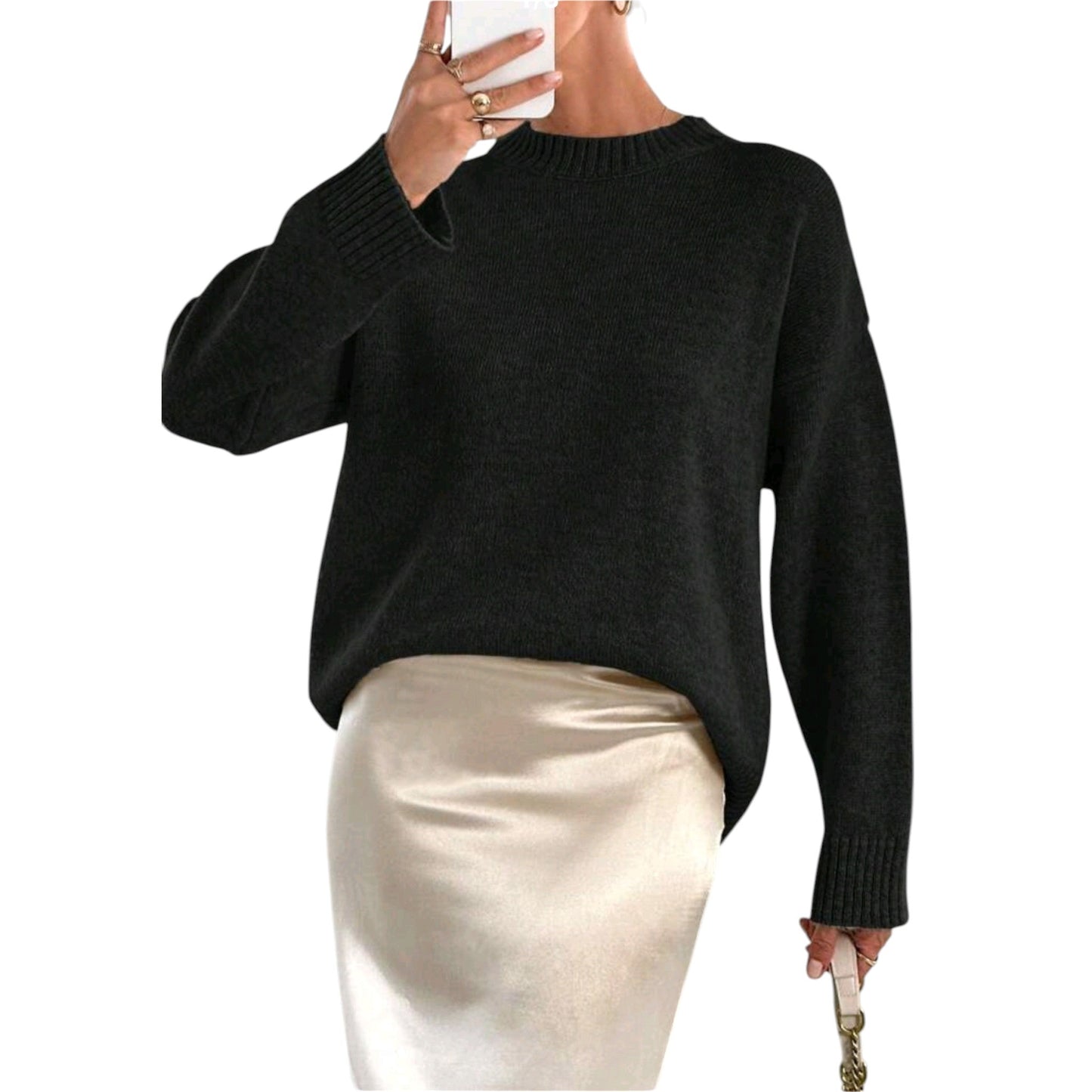 SHE fekete bordázott kötött pulóver