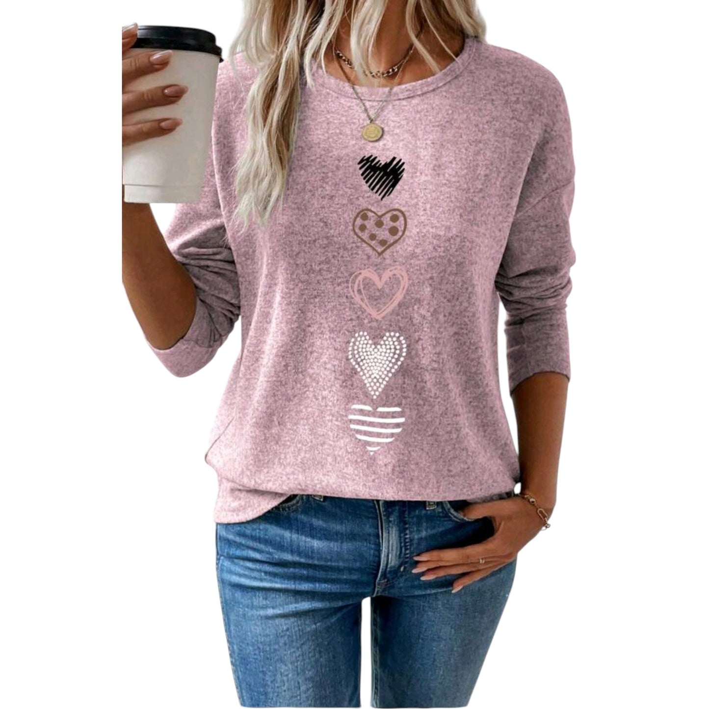 SHE rózsaszín kötött szív mintás pulóver