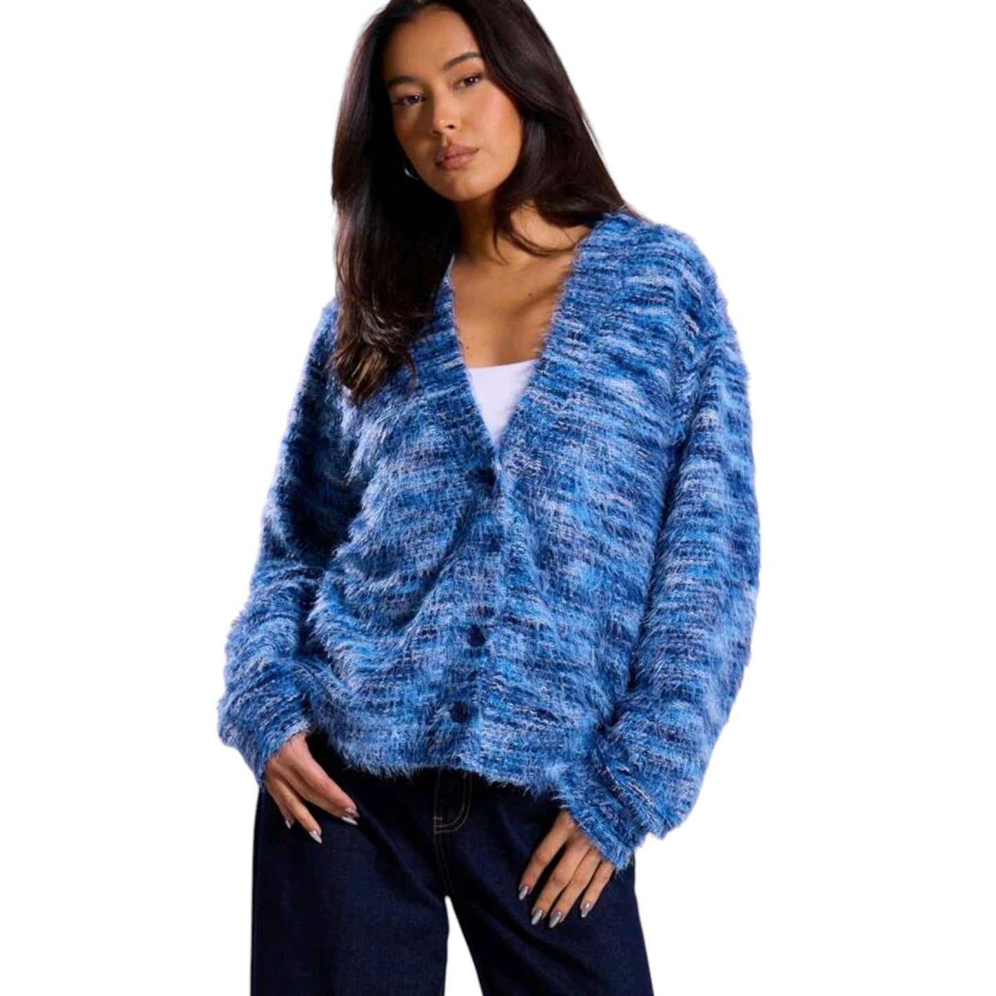 SHE kék kötött V-nyakú kardigán