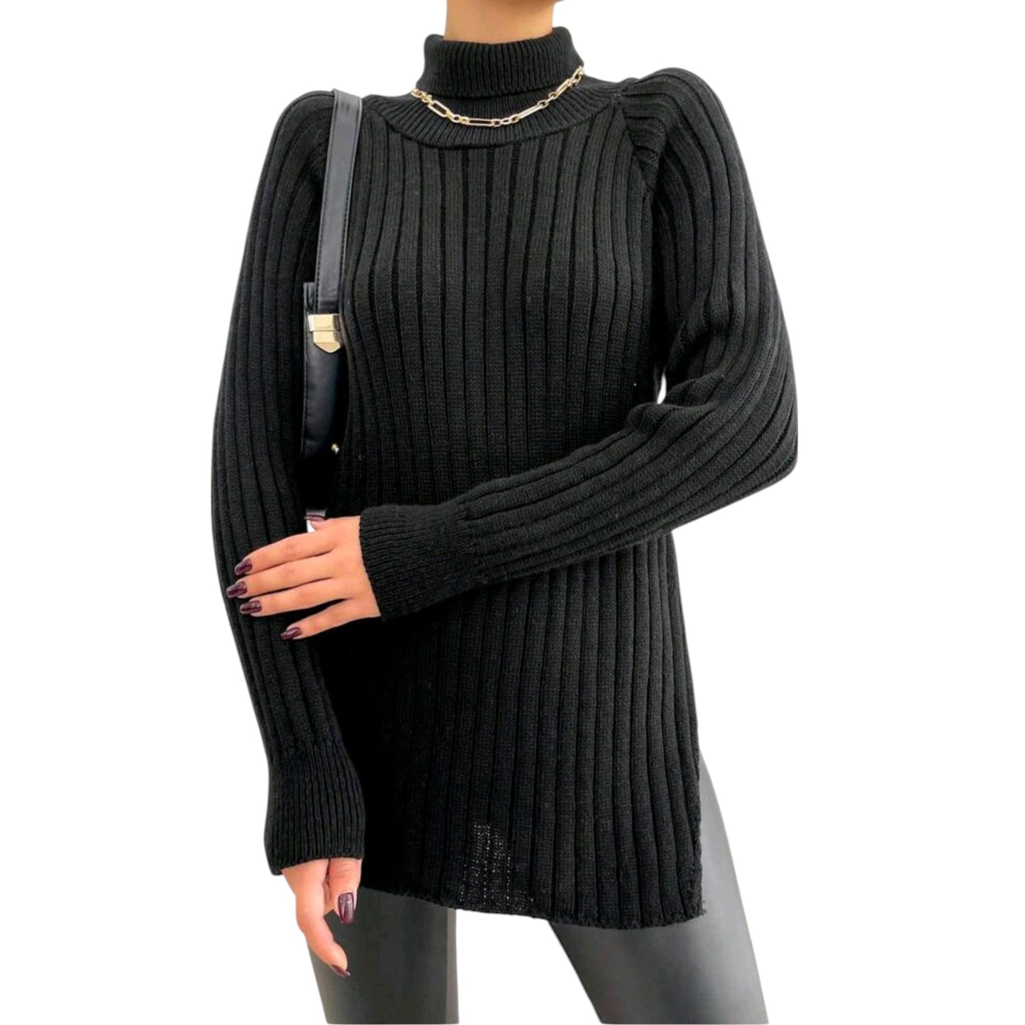 SHE fekete bordázott garbó nyakú pulóver