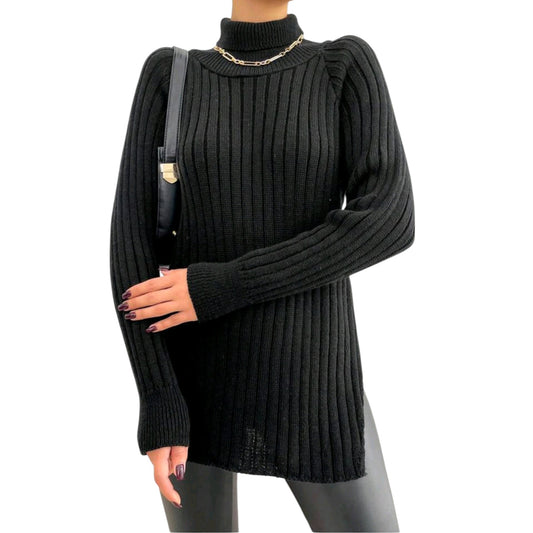 SHE fekete bordázott garbó nyakú pulóver