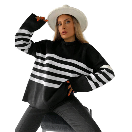 SHE fekete és fehér csíkos pulóver
