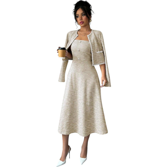 SHE bézs tweed midi ruha kardigánnal