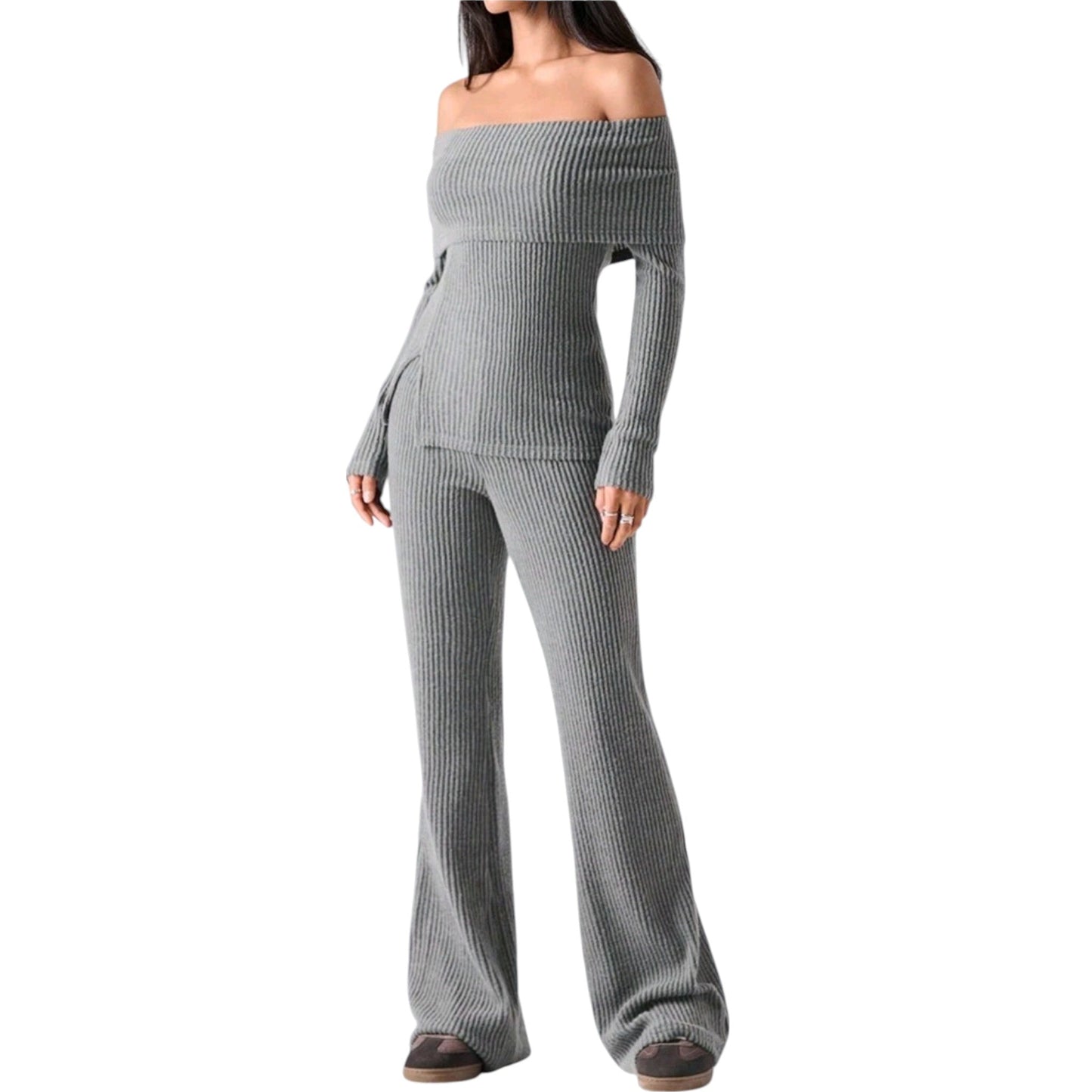 SHE szürke bordázott kétrészes szett