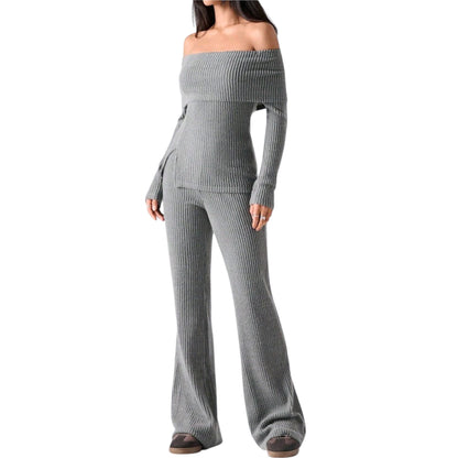 SHE szürke bordázott kétrészes szett