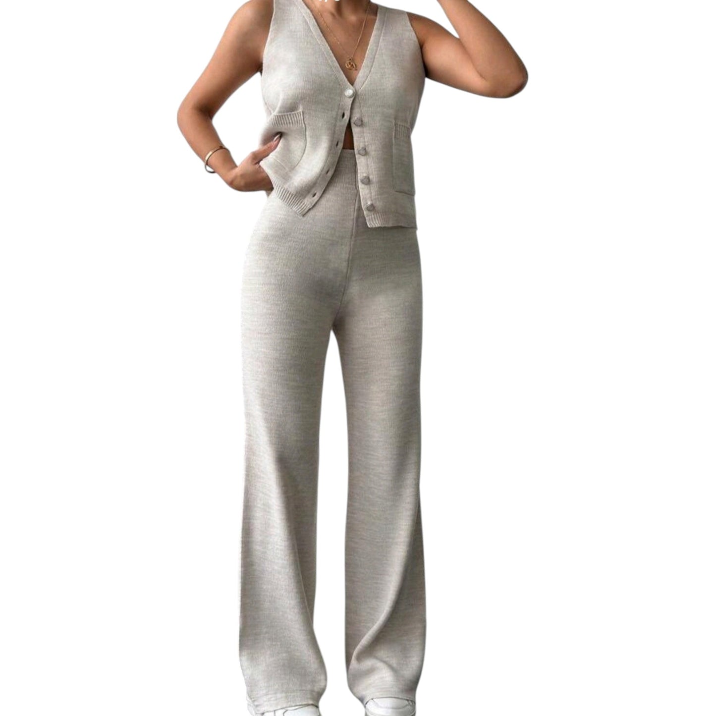 SHE bézs kötött mellényes szett