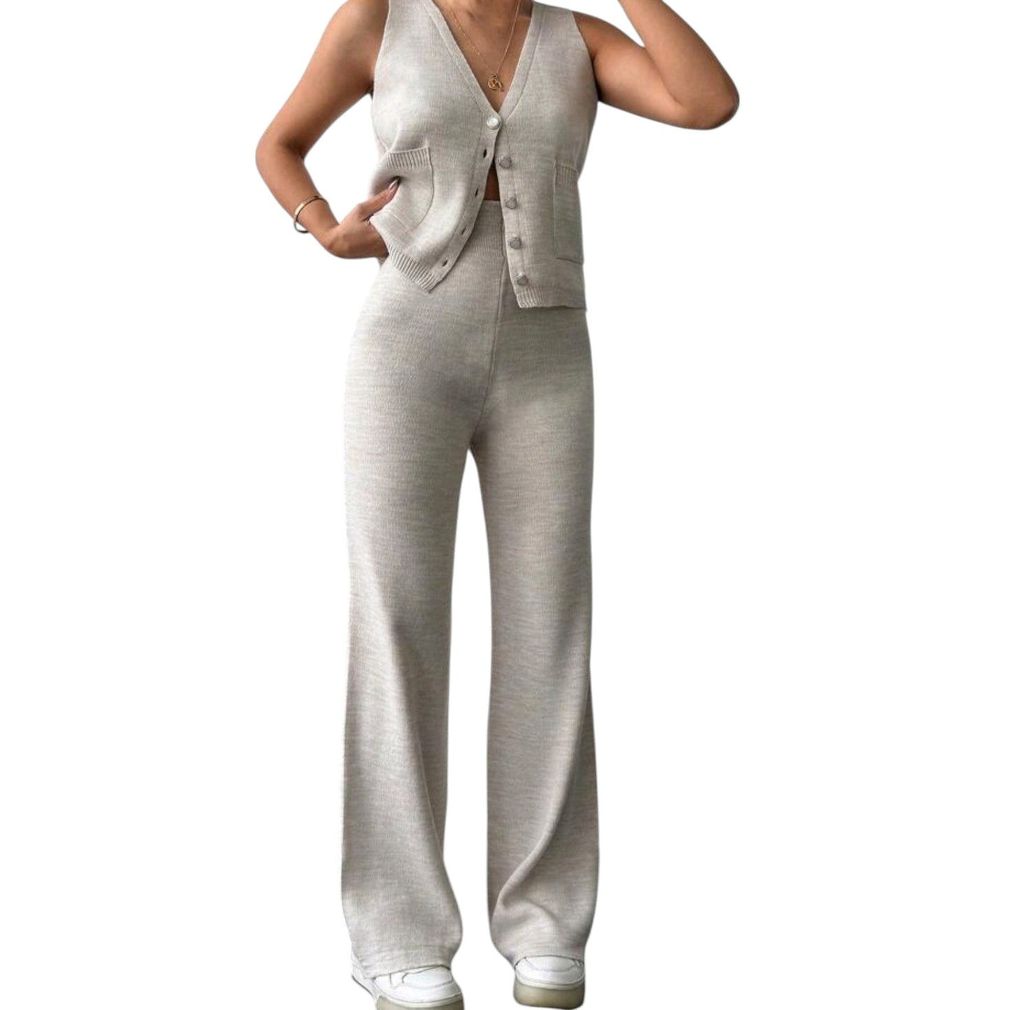 SHE bézs kötött mellényes szett