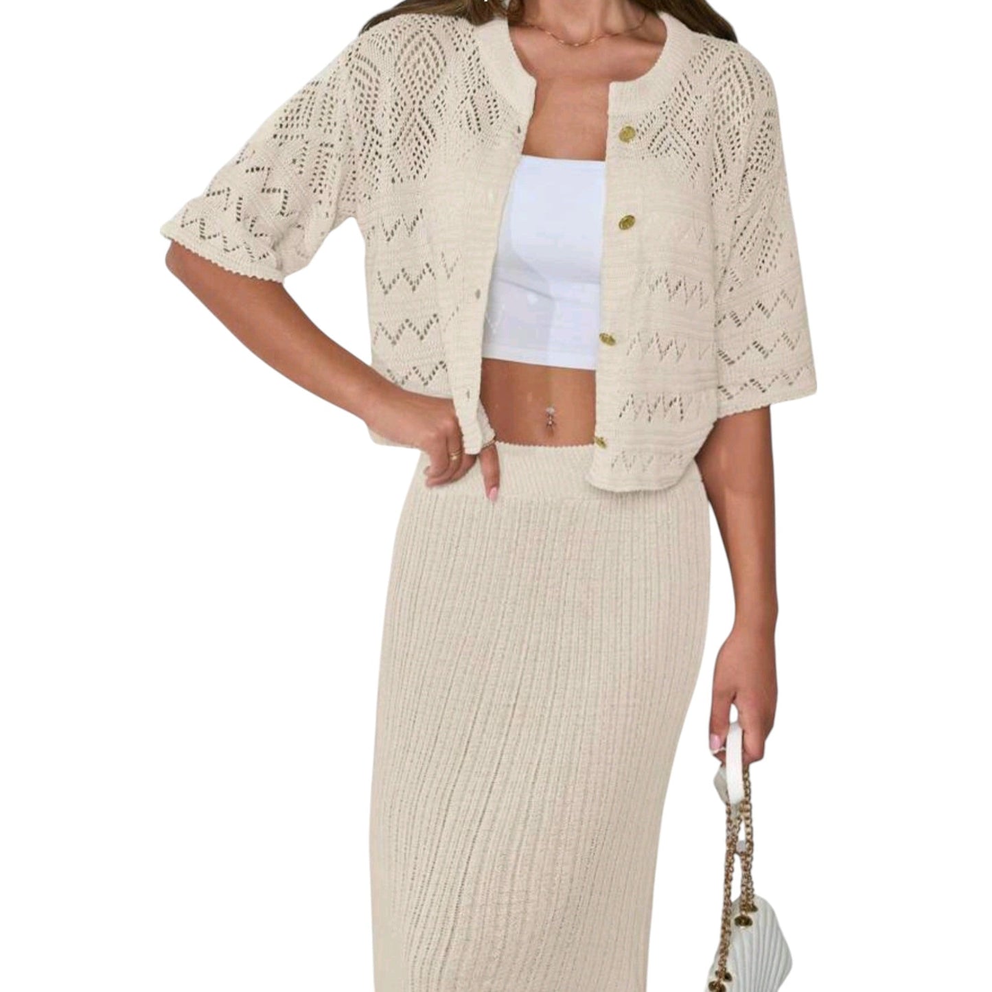 SHE bézs kötött felső és maxi szoknya szett