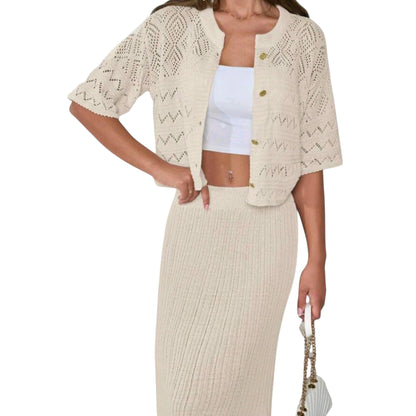 SHE bézs kötött felső és maxi szoknya szett