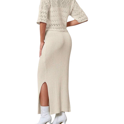 SHE bézs kötött felső és maxi szoknya szett