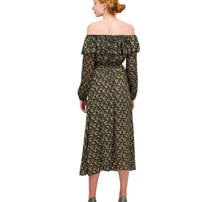 OYSHO fekete virágmintás hosszú ujjú midi ruha