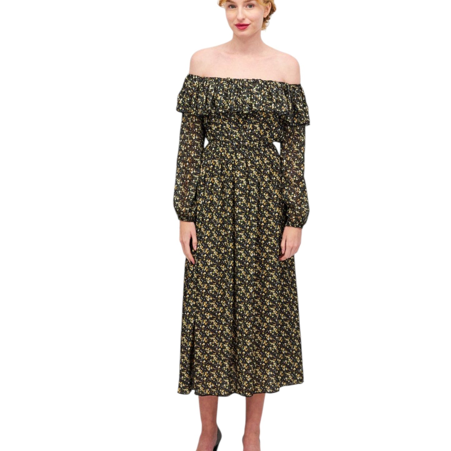 OYSHO fekete virágmintás hosszú ujjú midi ruha