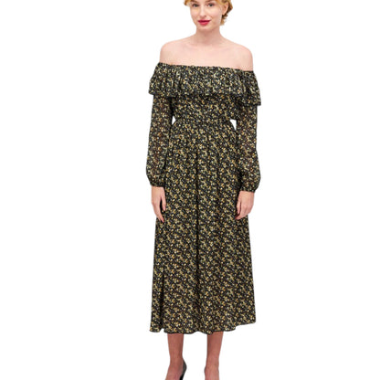 OYSHO fekete virágmintás hosszú ujjú midi ruha