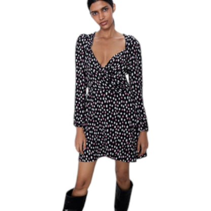 ZARA fekete mintás mély dekoltázsú mini ruha