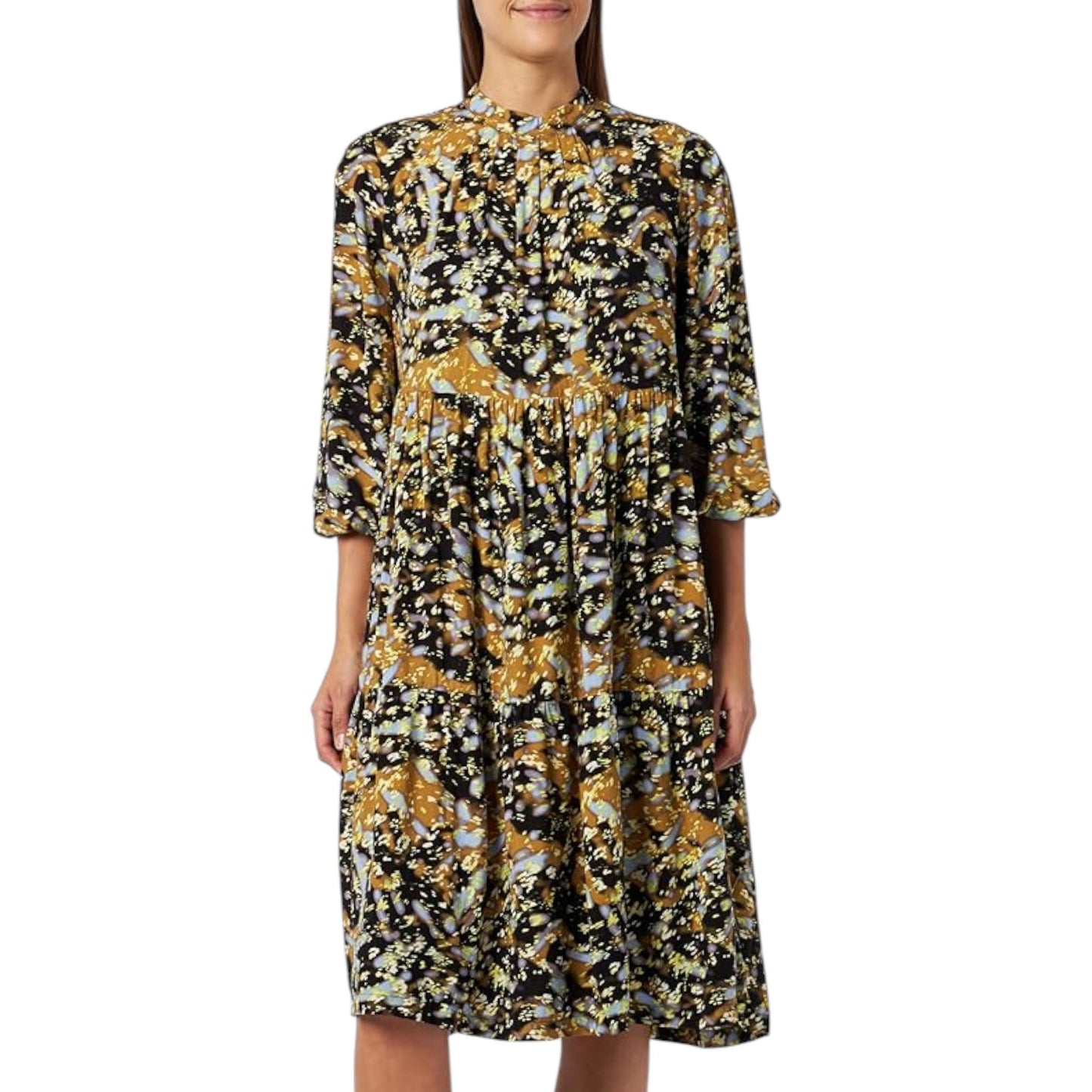 S. OLIVER sárga mintás 3/4 ujjú maxi ruha