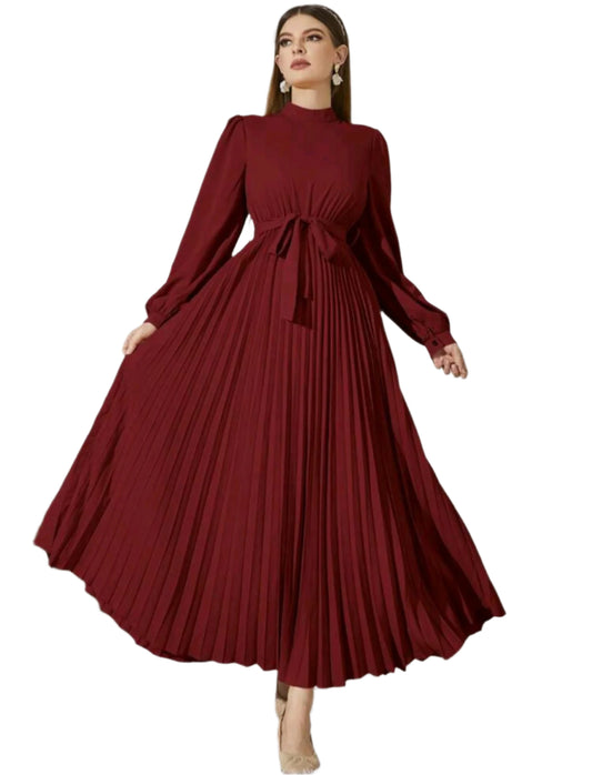 SHE bordó elegáns pliszírozott maxi ruha