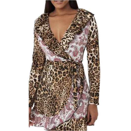 MISSGUIDED barna mintás V-nyakú mini ruha