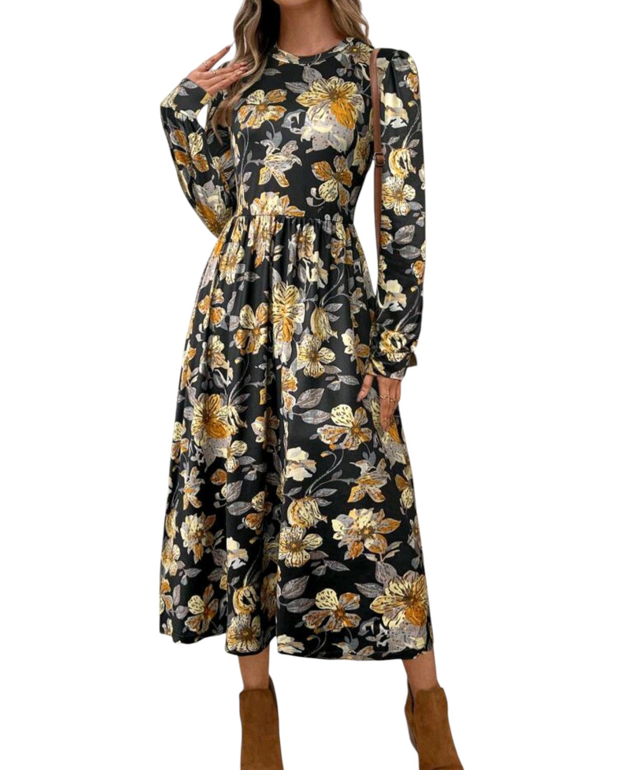 SHE fekete virágmintás midi ruha