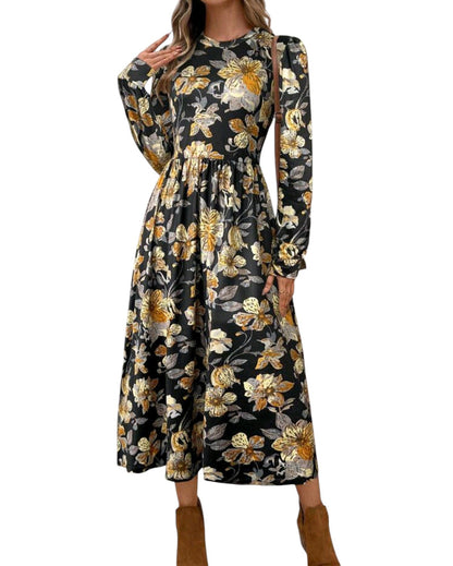 SHE fekete virágmintás midi ruha