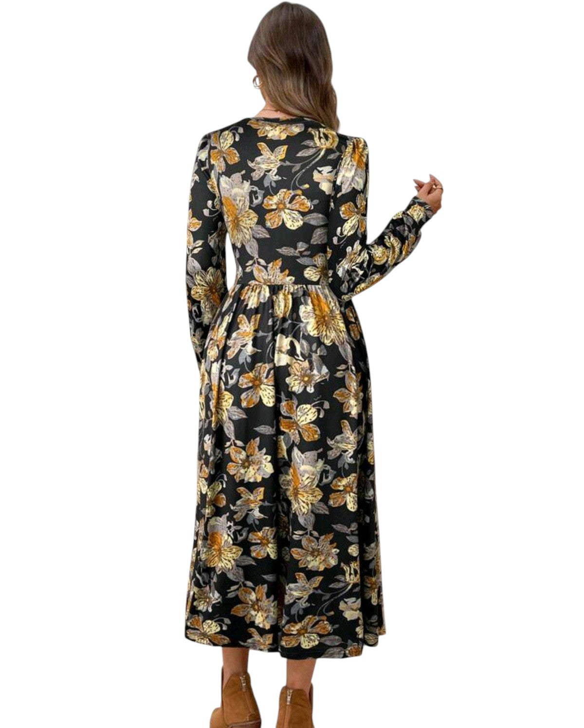 SHE fekete virágmintás midi ruha