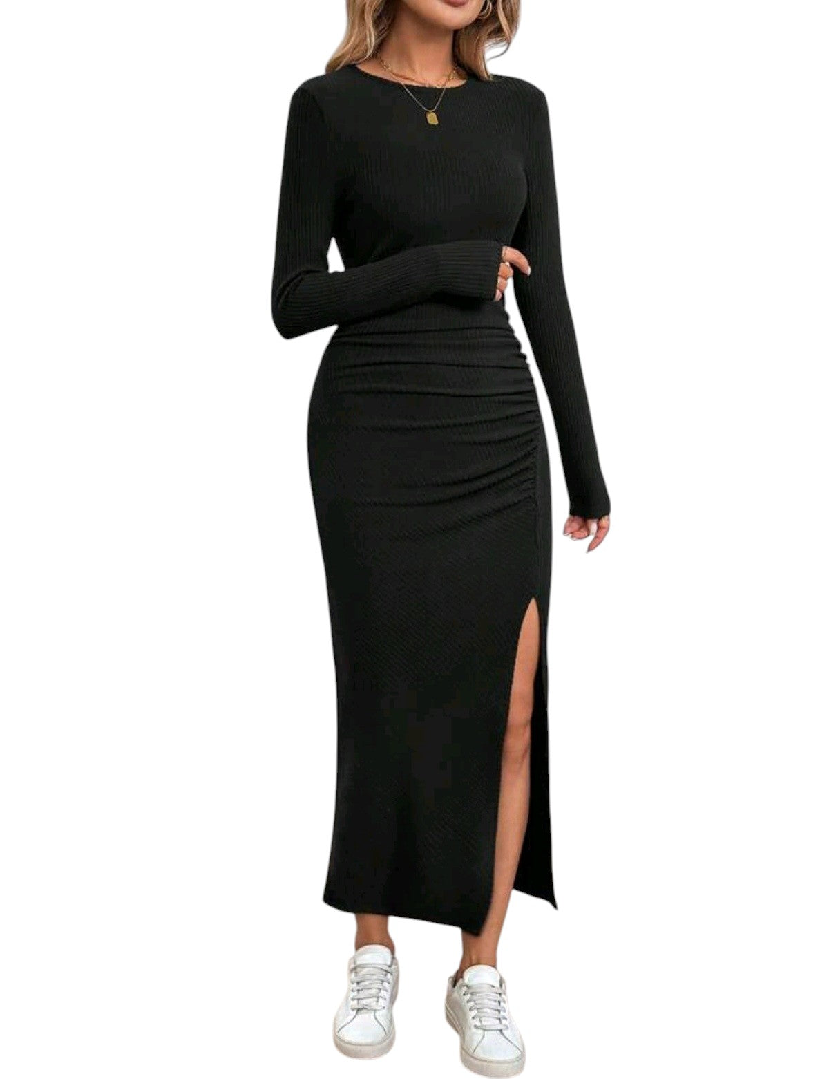 SHE fekete bordázott hasítékos midi ruha