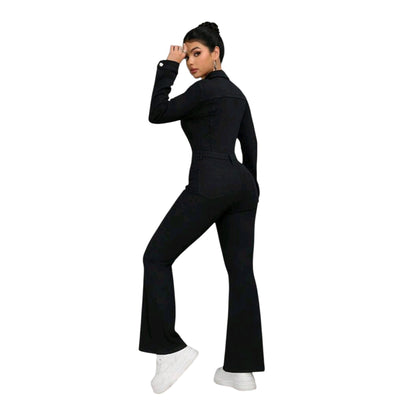SHE fekete farmer jumpsuit bő szárral