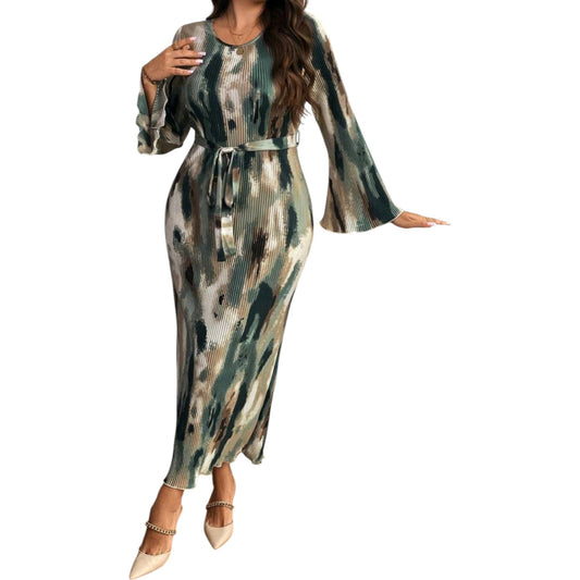 SHE khaki mintás hosszú ujjú maxi ruha