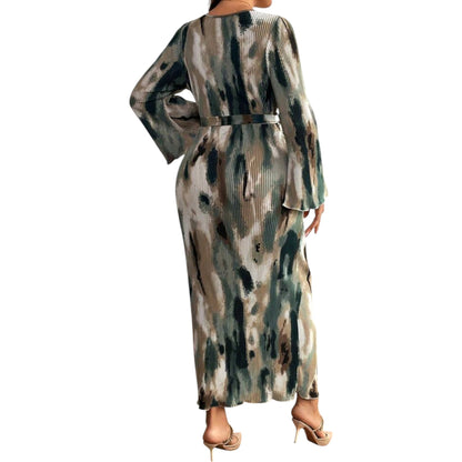 SHE khaki mintás hosszú ujjú maxi ruha