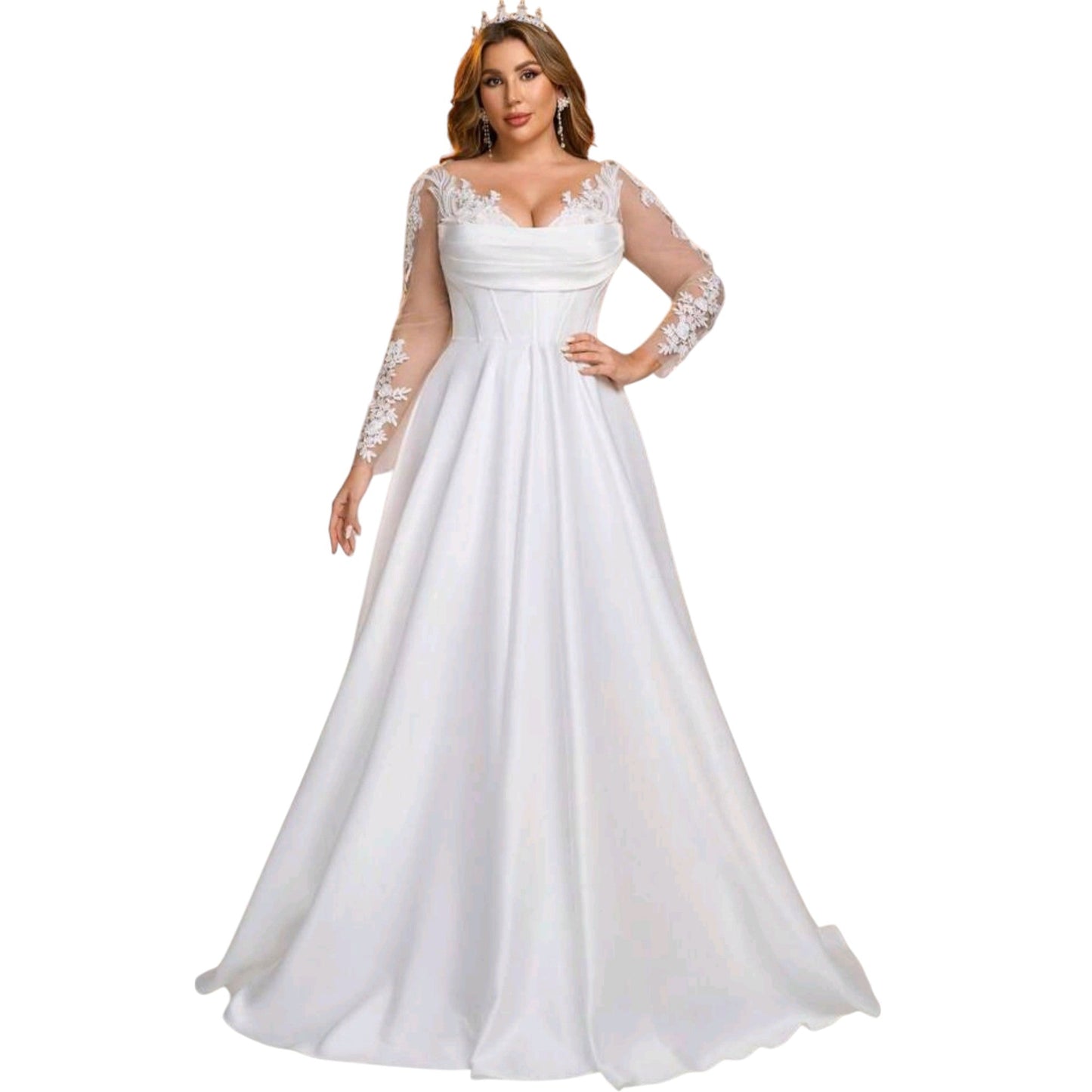 SHE fehér csipkés hosszú ujjú esküvői ruha