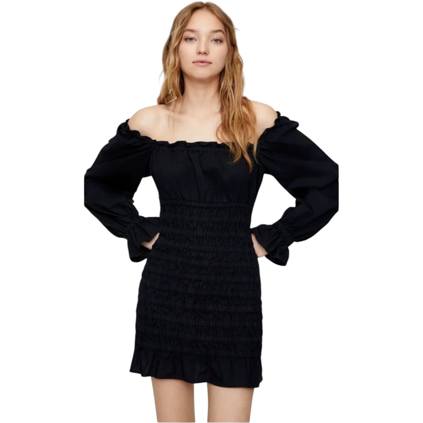 PULL&BEAR fekete gumírozott off-shoulder mini ruha