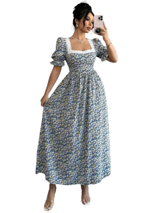 SHE kék virágmintás vintage maxi ruha