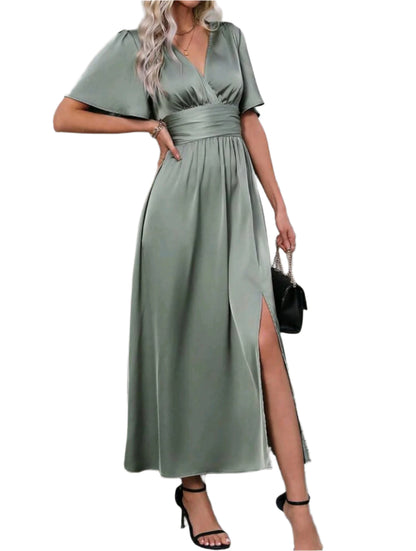 SHE olívazöld selyemfényű elegáns maxiruha