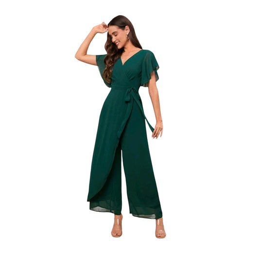SHE sötétzöld, átlapolt jumpsuit övvel