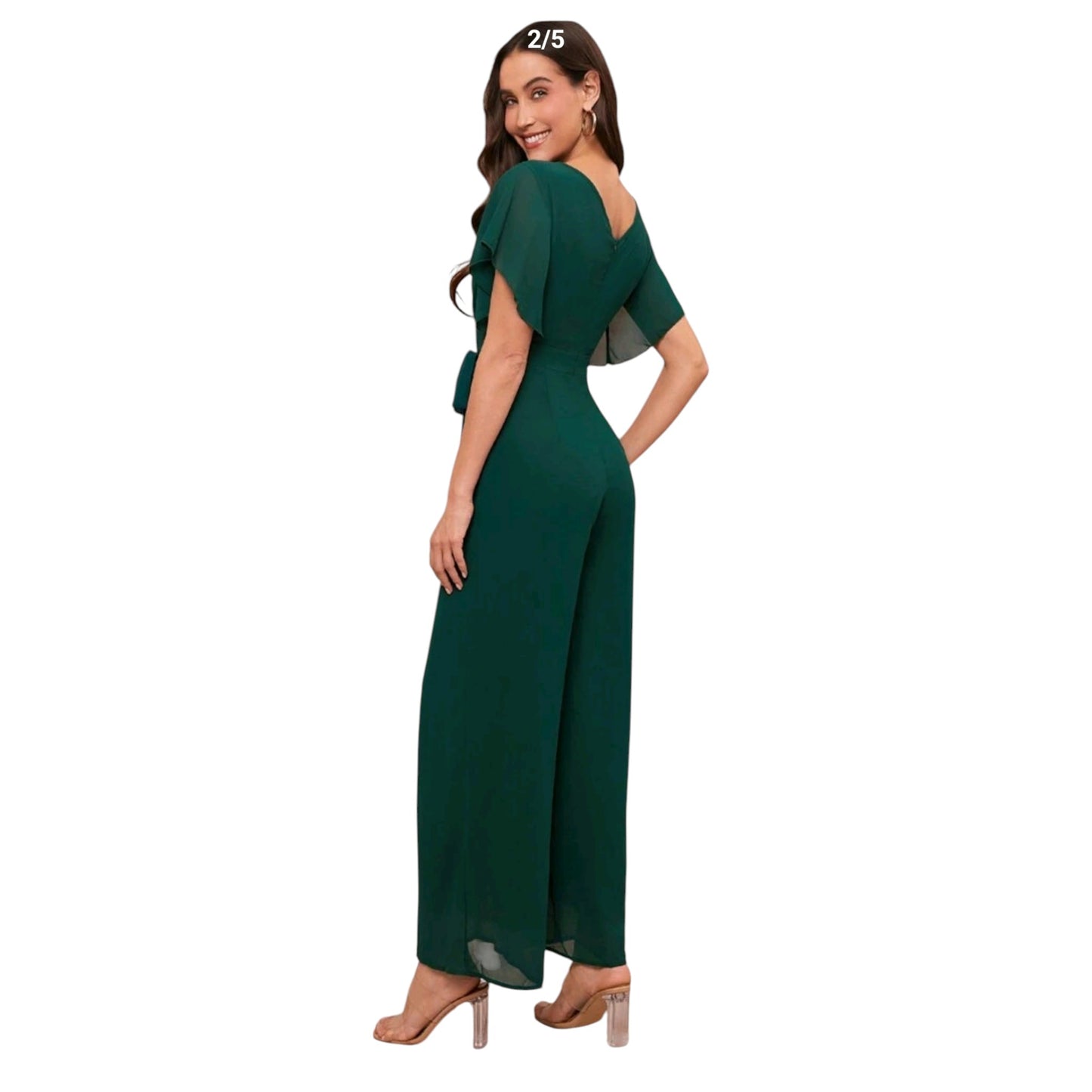 SHE sötétzöld, átlapolt jumpsuit övvel