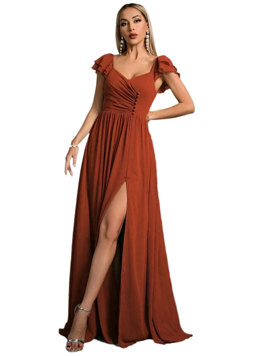 SHE barna fodros ujjú elegáns maxi ruha