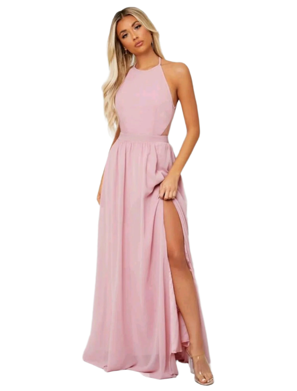 SHE rózsaszín nyakba kötős elegáns maxi ruha
