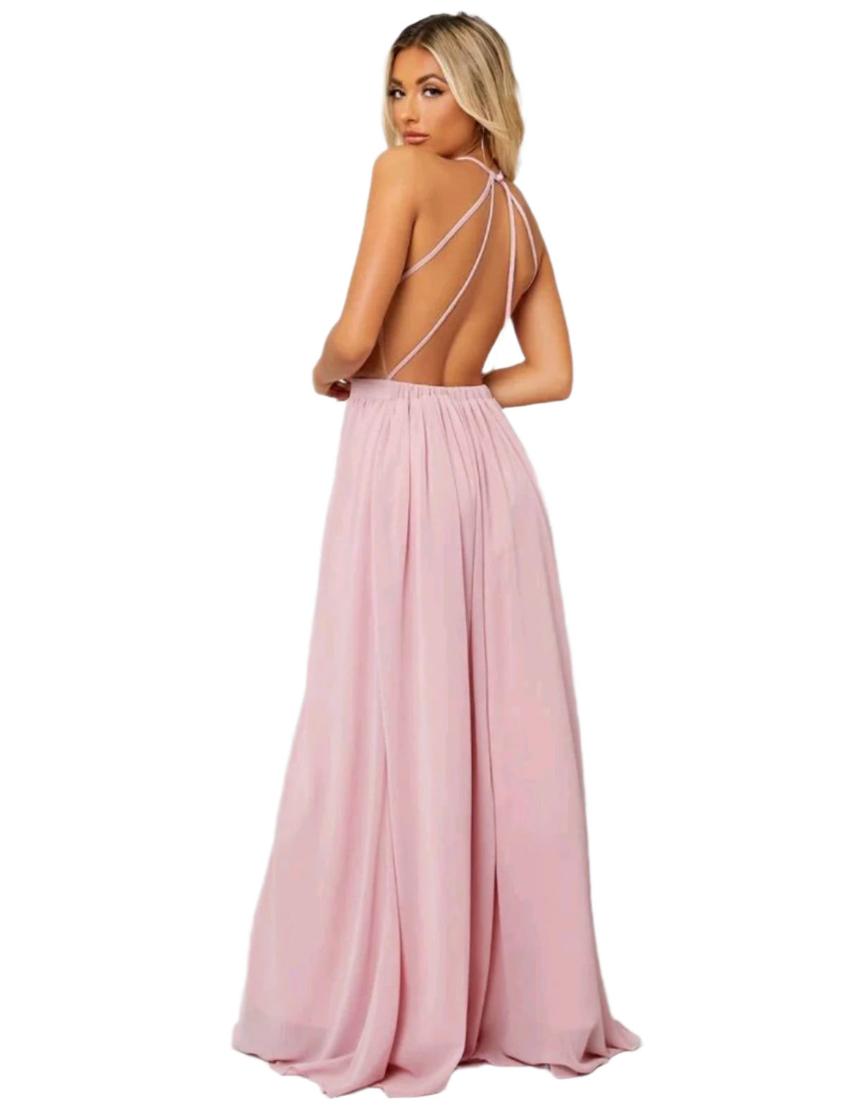 SHE rózsaszín nyakba kötős elegáns maxi ruha