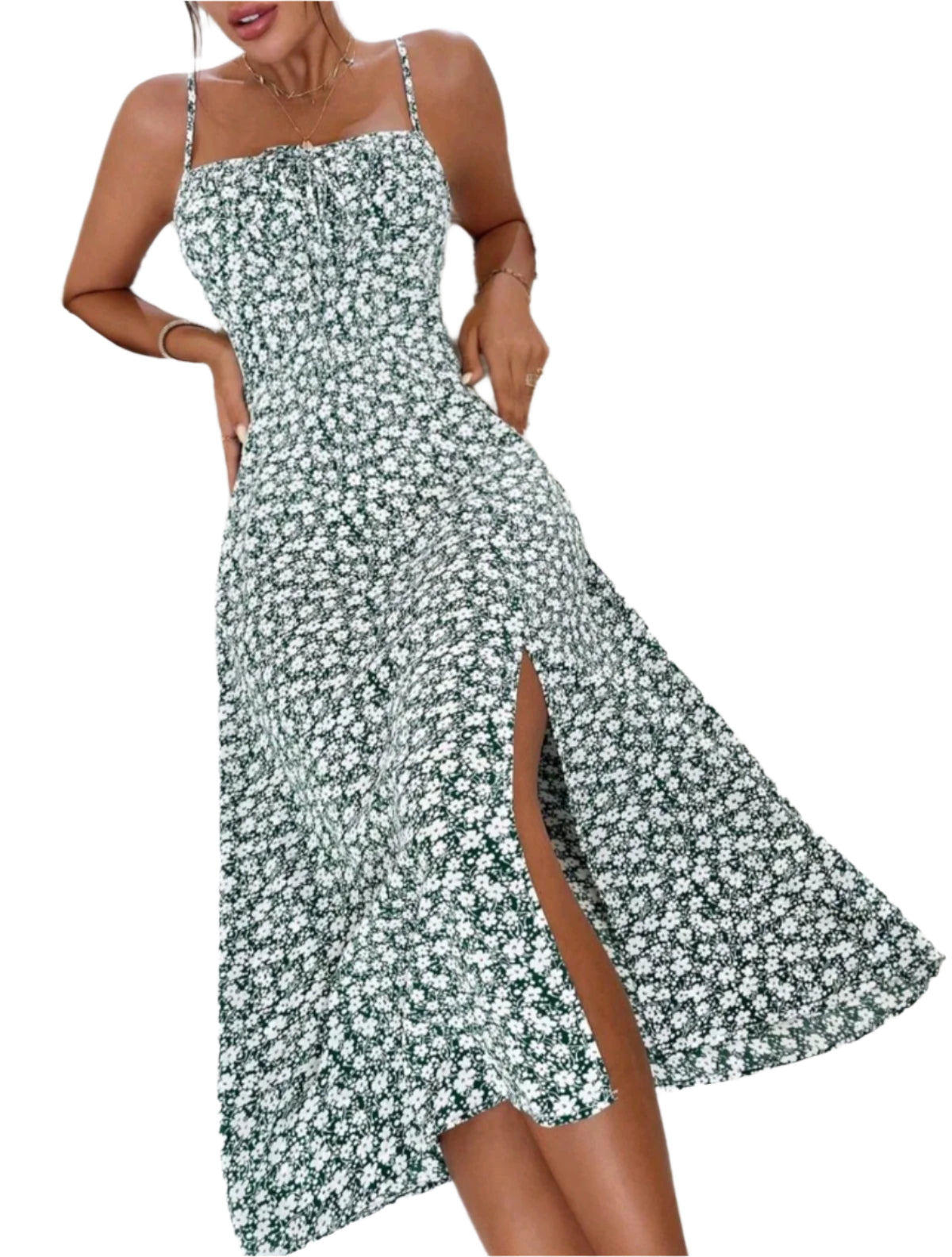 SHE zöld virágmintás pántos midiruha